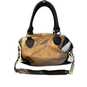 Audrey Brooke Leather Handbag Black/Beige Gold Chain Strap~Convertible Purse